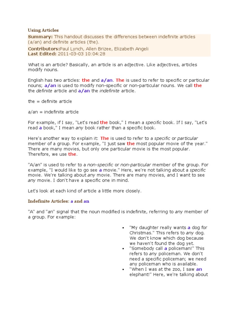 (A/an) and Definite Articles (The) | PDF | Noun | English Language