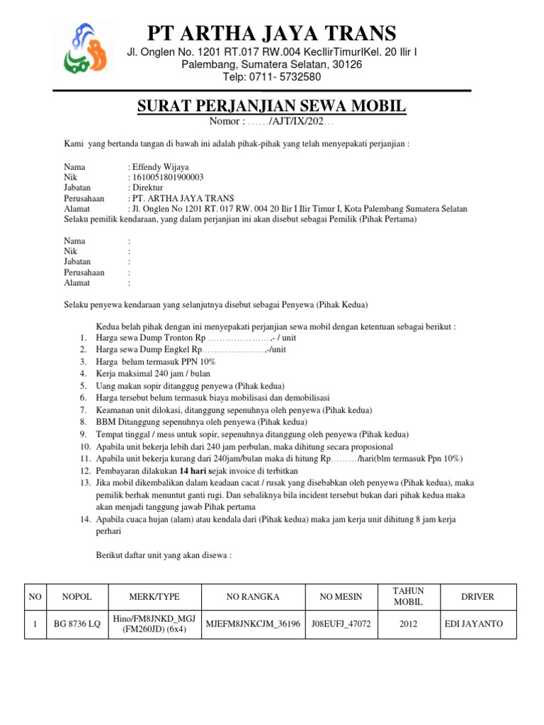 Surat Perjanjian Sewa Mobil Artha Jaya | PDF