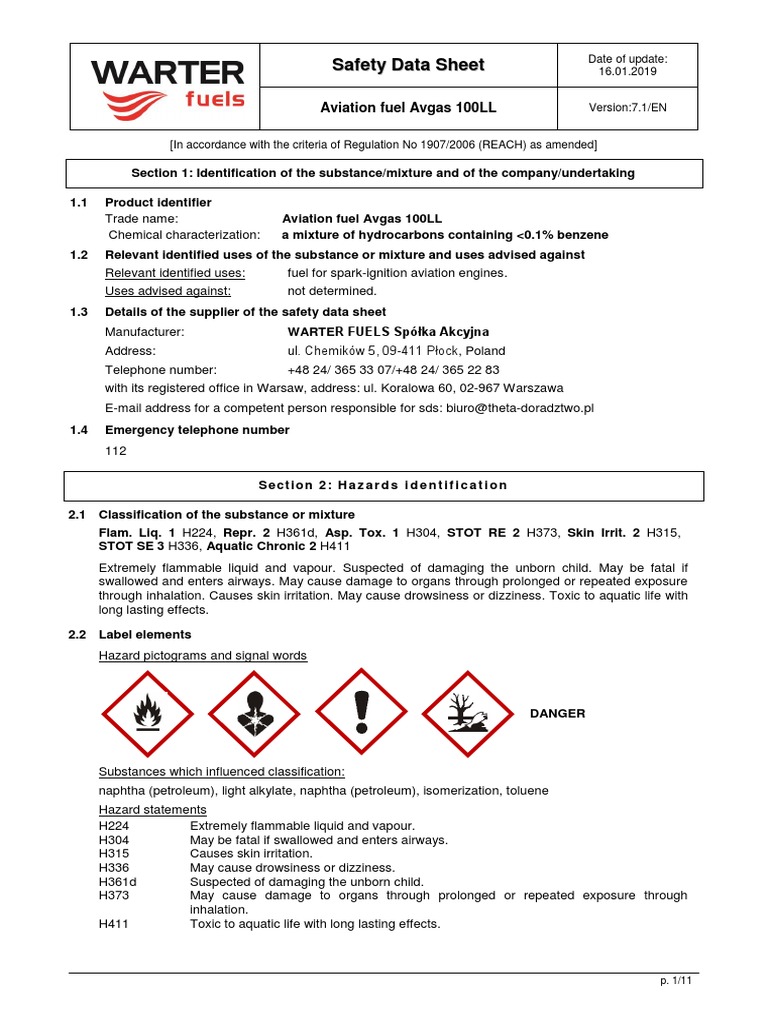 Avgas 100LL Safety Data Sheet | PDF