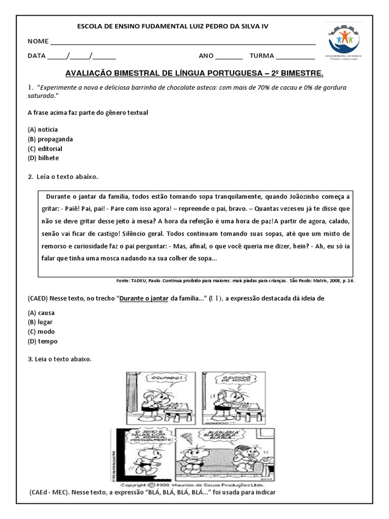 Avaliação de Língua Portuguesa 2º Bimestre | PDF | Coala | Movimento ...
