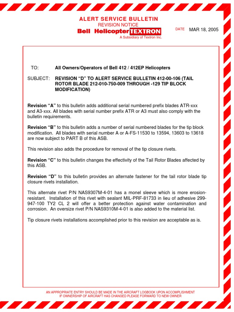 Bell 412 Tail Rotor Blade ASB Revision D | PDF | Helicopter Rotor | Rivet