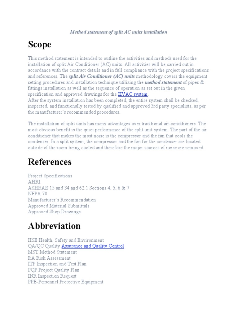 Split AC Installation Method Statement | PDF | Electrical Wiring | Duct ...