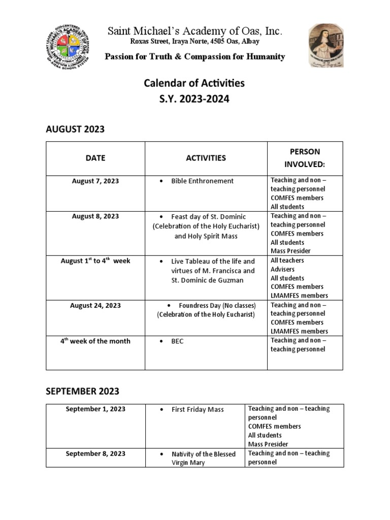 SMA Calendar of Activities PDF