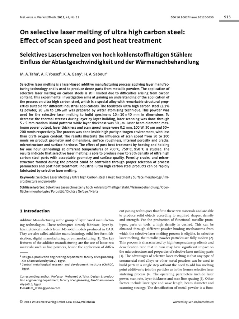2012 - On Selective Laser Melting of Ultra High Carbon Steel | PDF ...