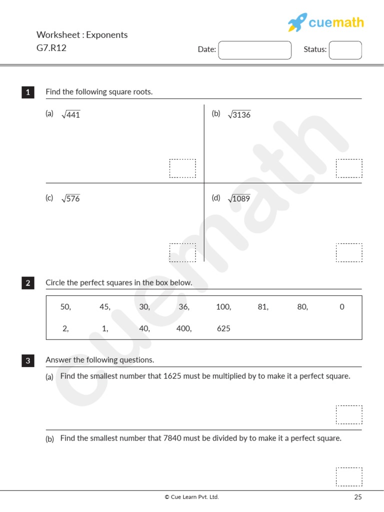 Grade 7 Math: Square & Cube Roots Worksheet | PDF