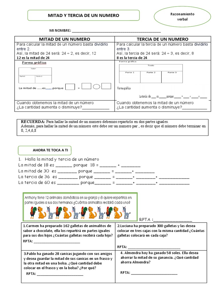 Mitad Y Tercia De Un Numero Ficha Pdf