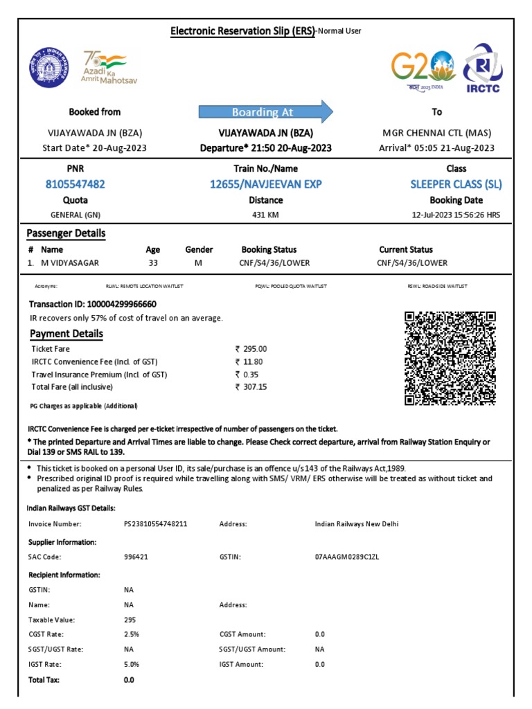 12655/navjeevan Exp Sleeper Class (SL) | PDF | Identity Document
