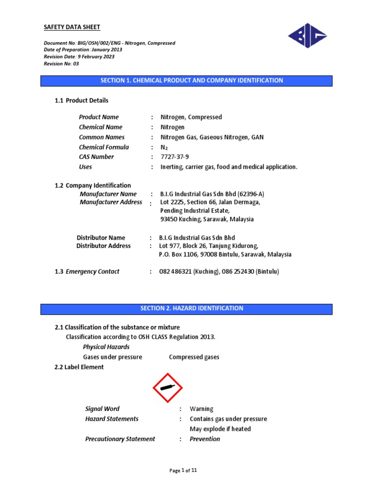 Compressed Nitrogen Safety Data Sheet | PDF | Dangerous Goods | Toxicity