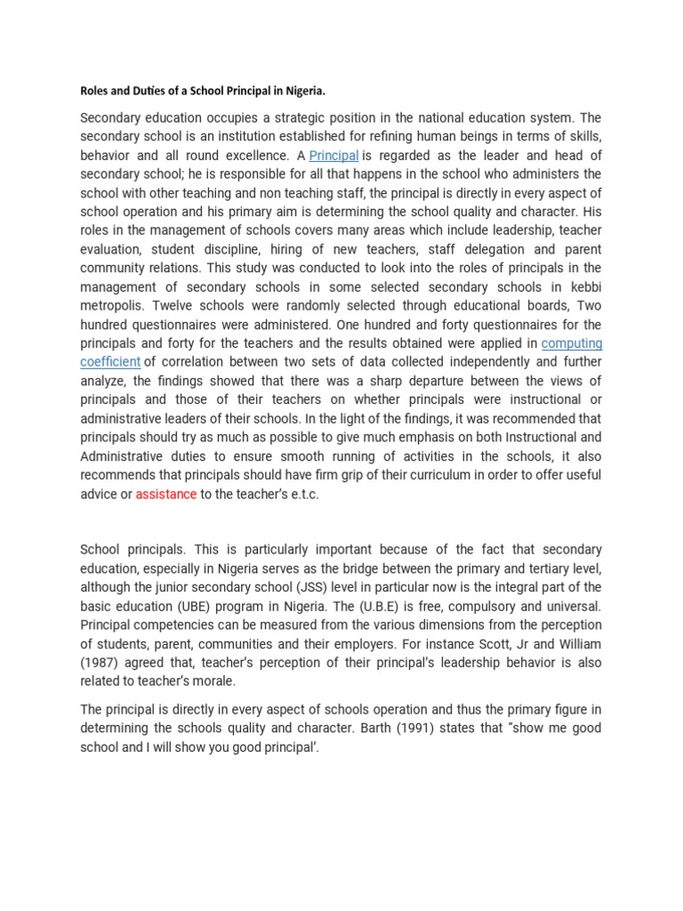 Roles And Duties Of A Principal In Nigeria PDF