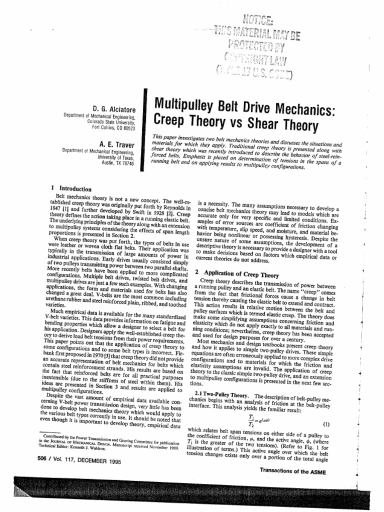 Multipulley Belt Drive Mechanics Creep Theory Vs Shear Theory PDF