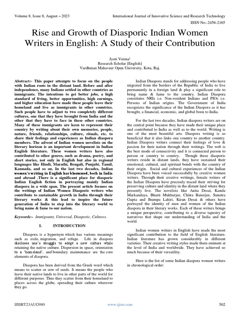 Rise and Growth of Diasporic Indian Women Writers in English: A Study ...