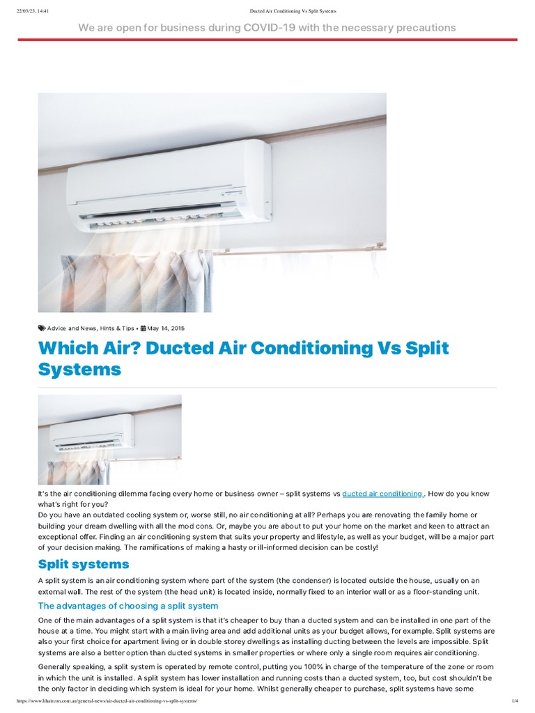 Ducted Air Conditioning Vs Split Systems PDF Air Conditioning