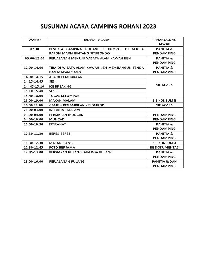 Susunan Acara Camping Rohani 2023 | PDF