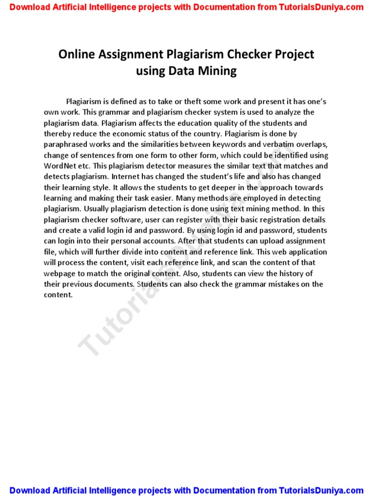 Online assignment plagiarism checker project using data mining