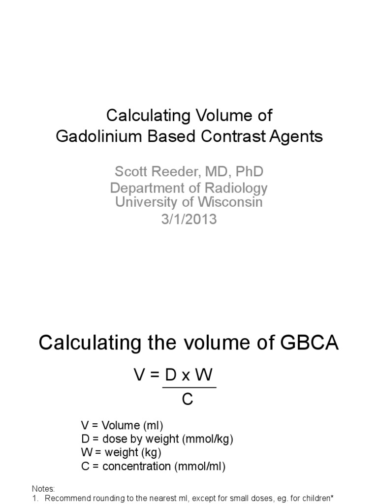 Gadolinium Contrast Volume Calculation Guide | PDF