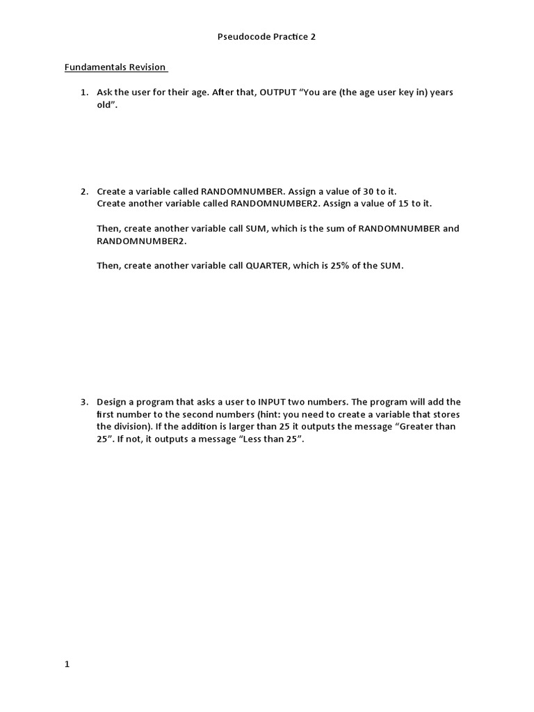 Pseudocode Worksheet | PDF