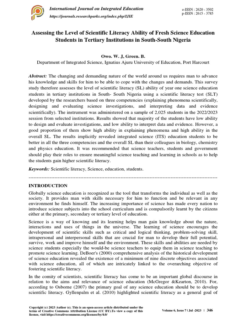 Assessing The Level of Scientific Literacy Ability of Fresh Science ...