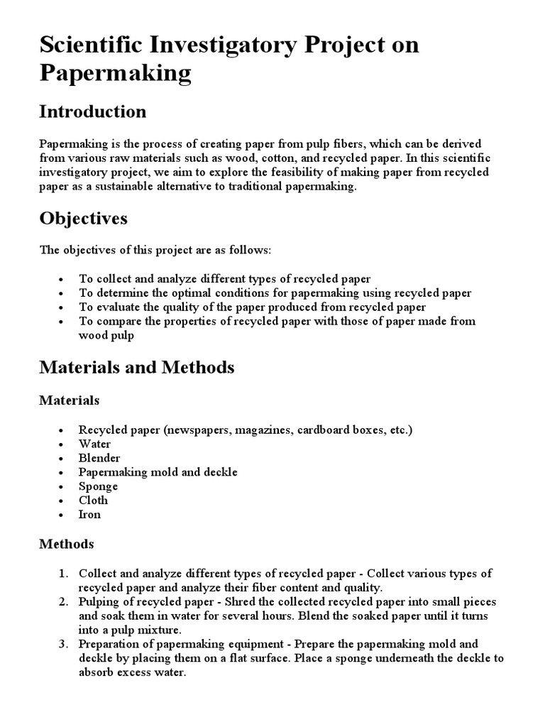 Scientific Investigatory Project On Papermaking PDF