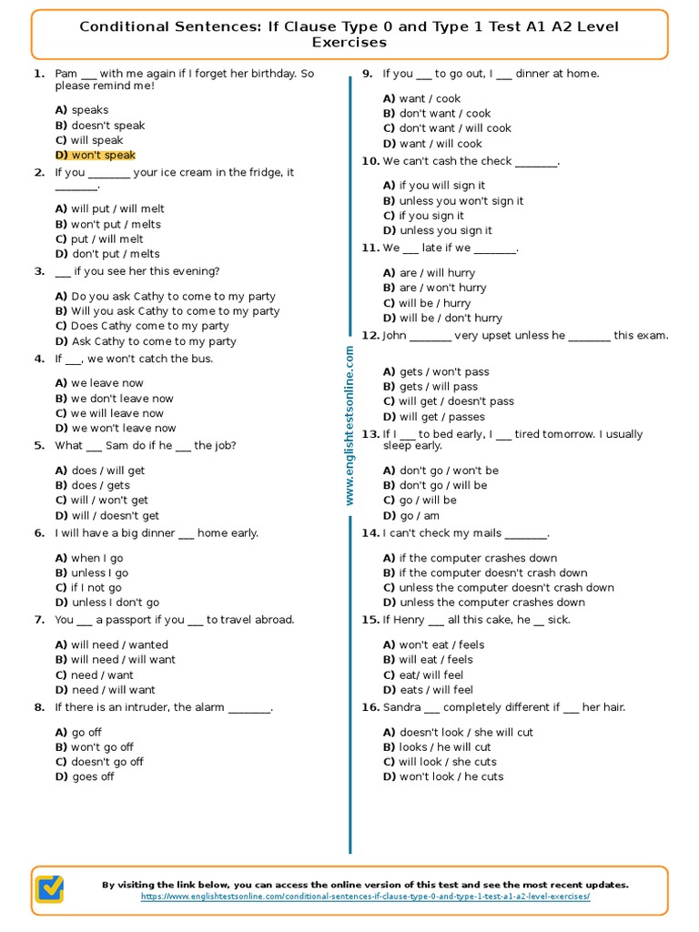Type 1 Conditional Exercises A1 A2 | PDF