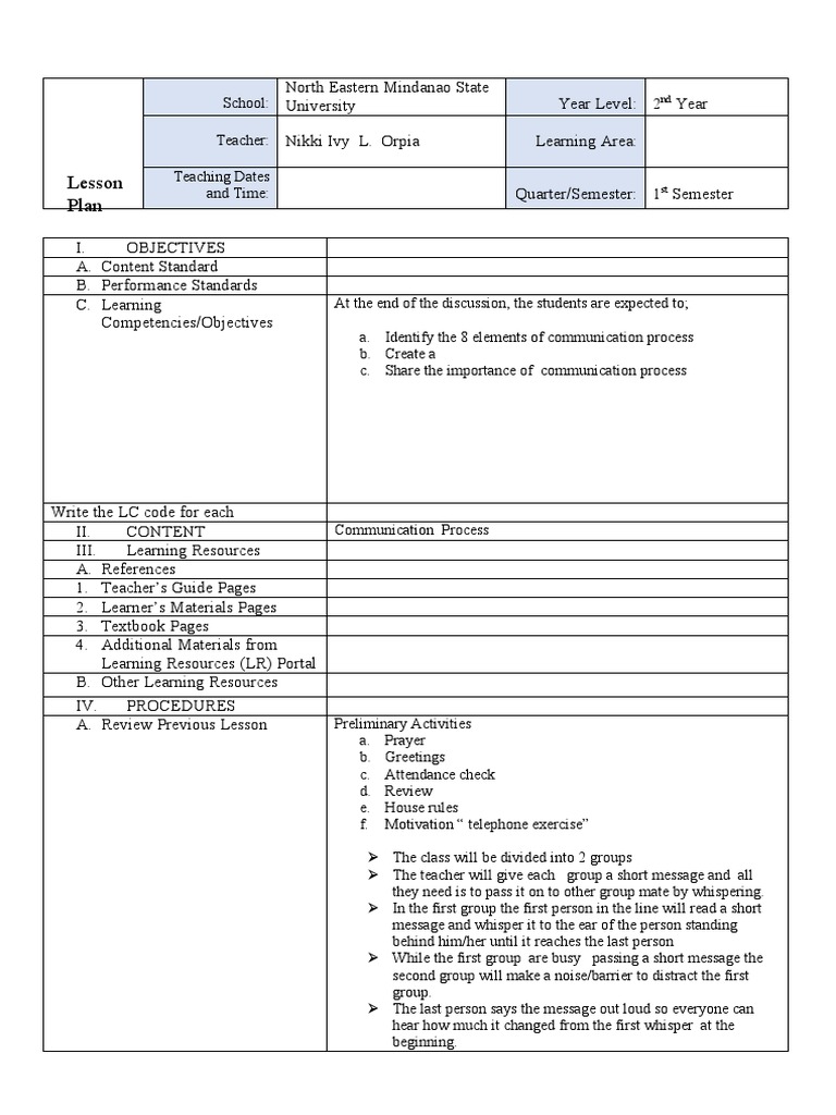 Lesson Plan Communication Process PDF Communication Nonverbal