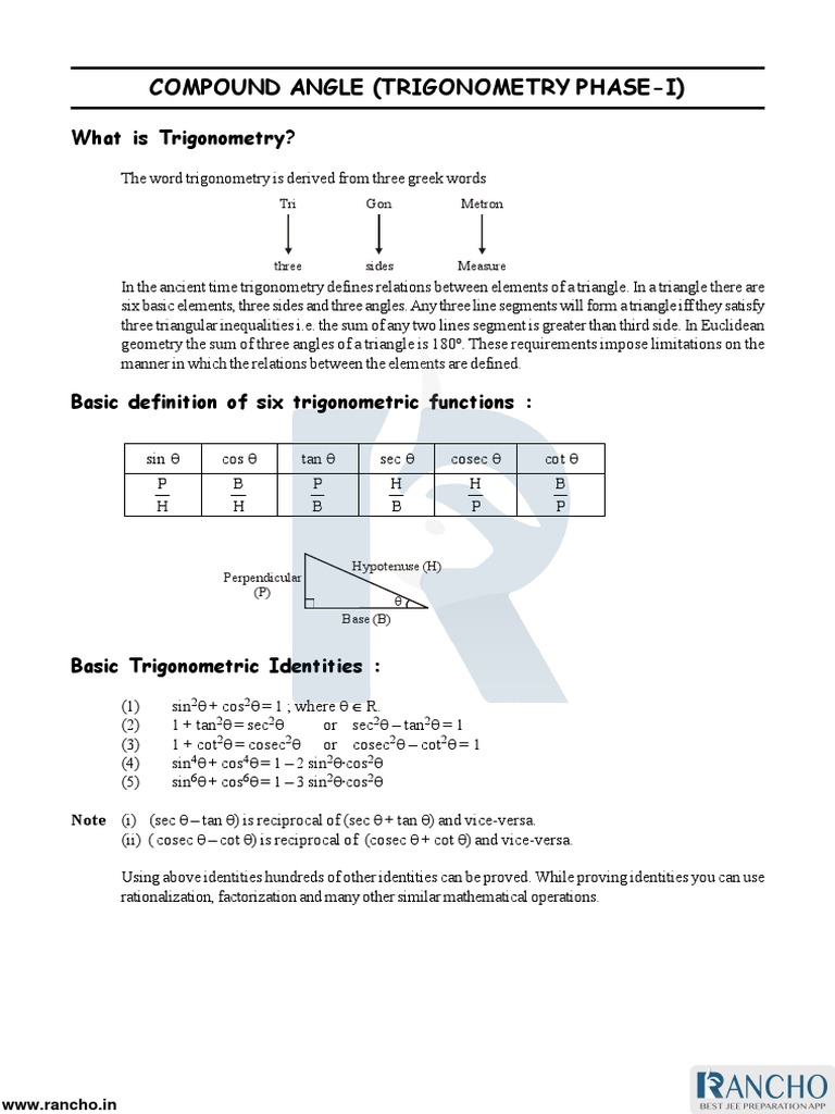 Compound Angle (Trigonometry PhaseI) Chapter Notes PDF