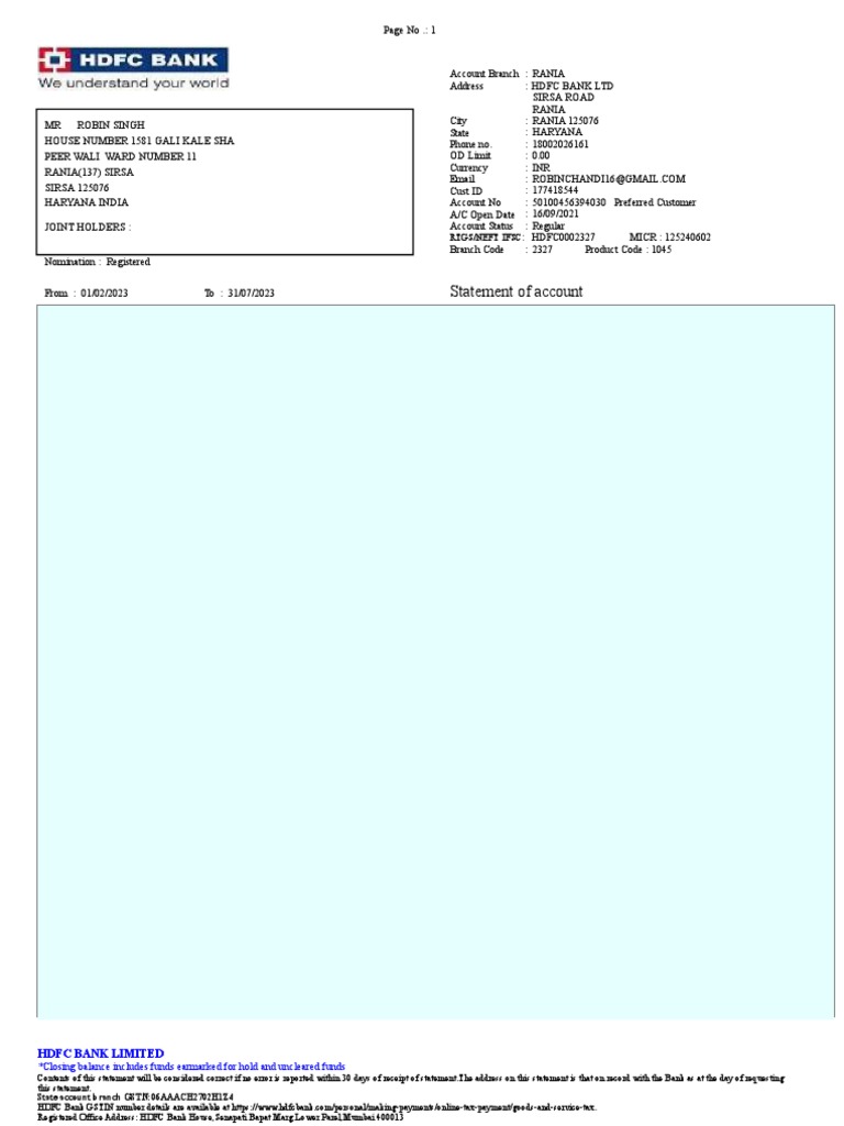 HDFC Bank Account Statement Feb-Jul 2023 | PDF | Private Sector ...