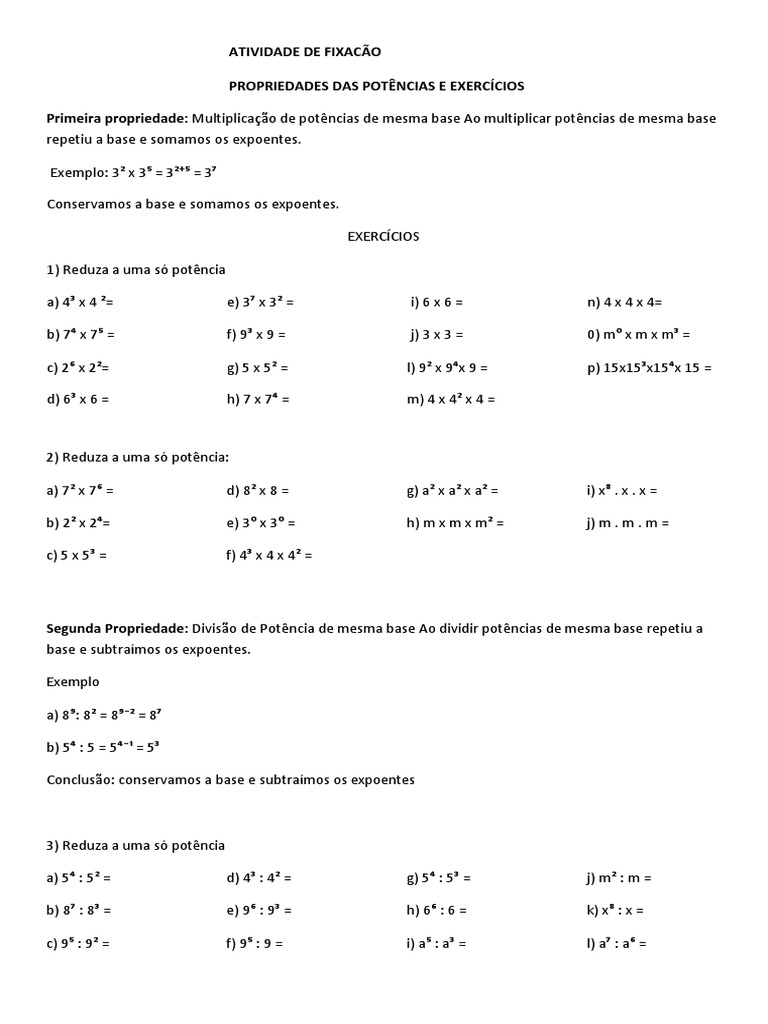 Exercícios sobre Propriedades da Potenciação | PDF | Exponenciação ...