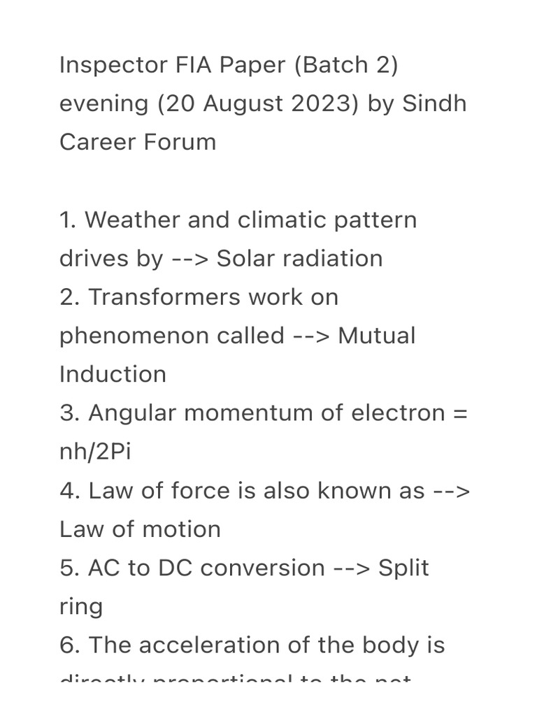 FIA Inspector Batch 2 Evening Paper (20 August 2023) | PDF