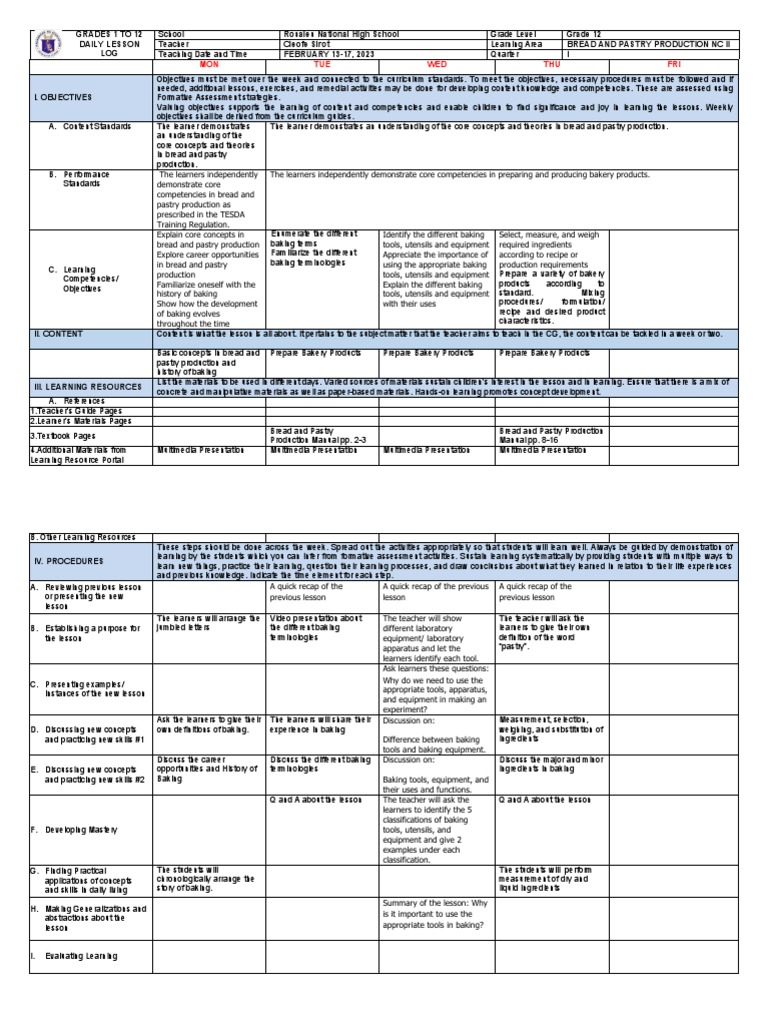 Grade 12 Bread and Pastry Lesson Plan | PDF | Art
