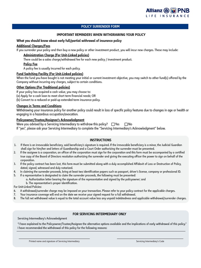 PNB Policy Surrender Form PDF Insurance Life Insurance