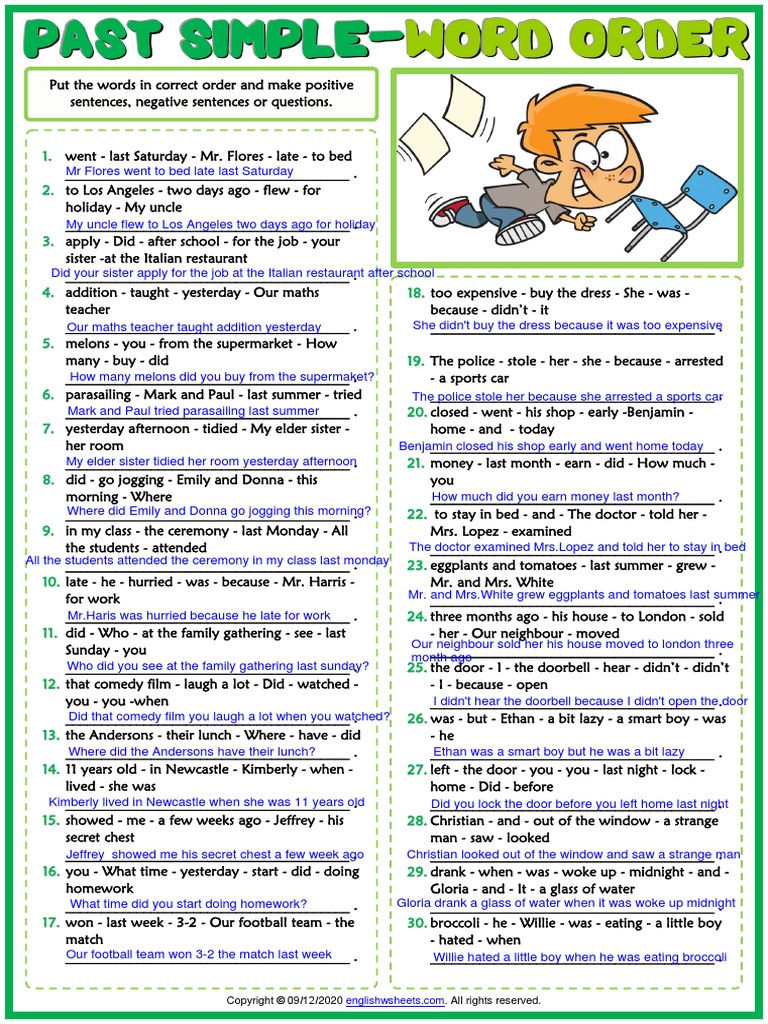 Past Simple Tense Esl Printable Word Order Exercise Worksheet - P1-Nin ...