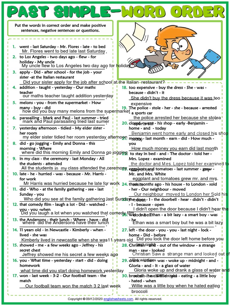 Past Simple Tense Esl Printable Word Order Exercise Worksheet - p1 ...