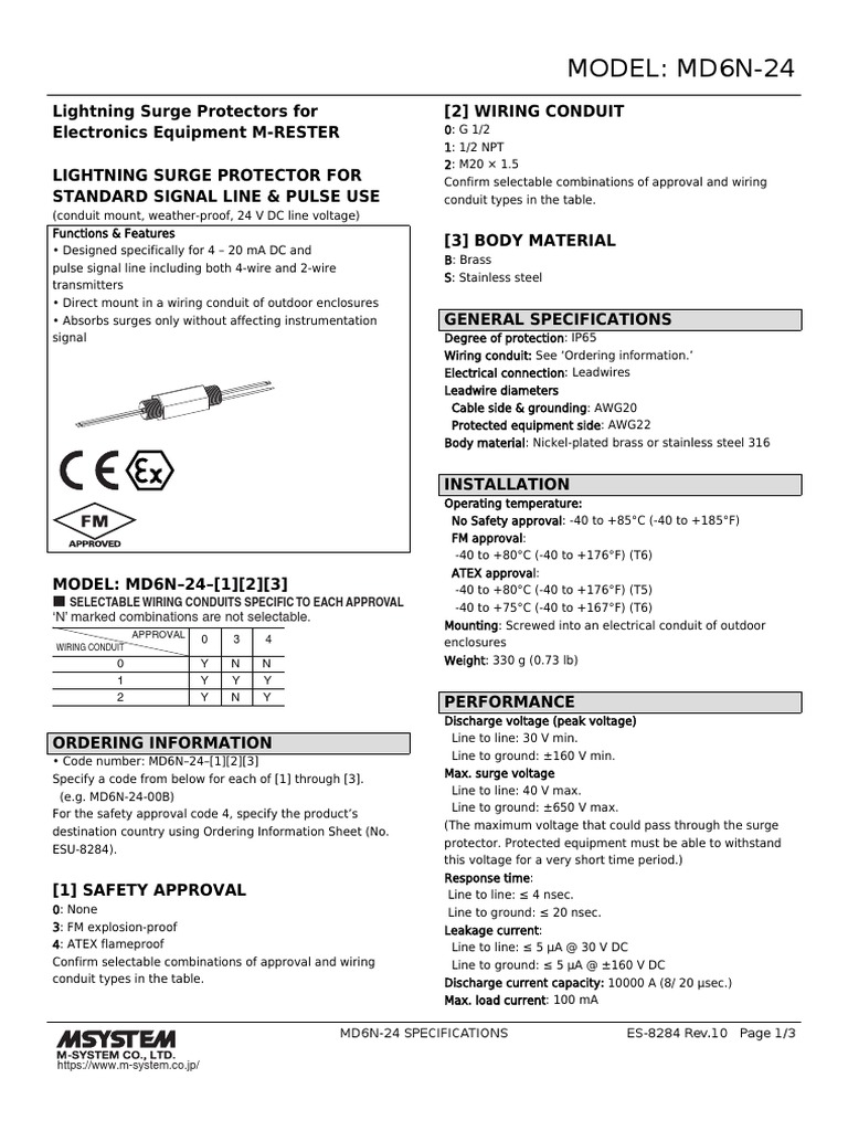 MD6N-24 Lightning Surge Protector Specs | PDF