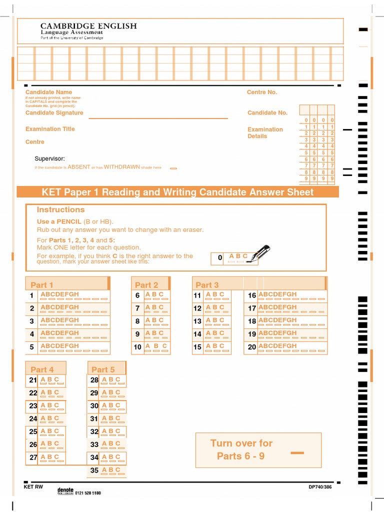 Ket Reading and Writing Answer Sheet | PDF