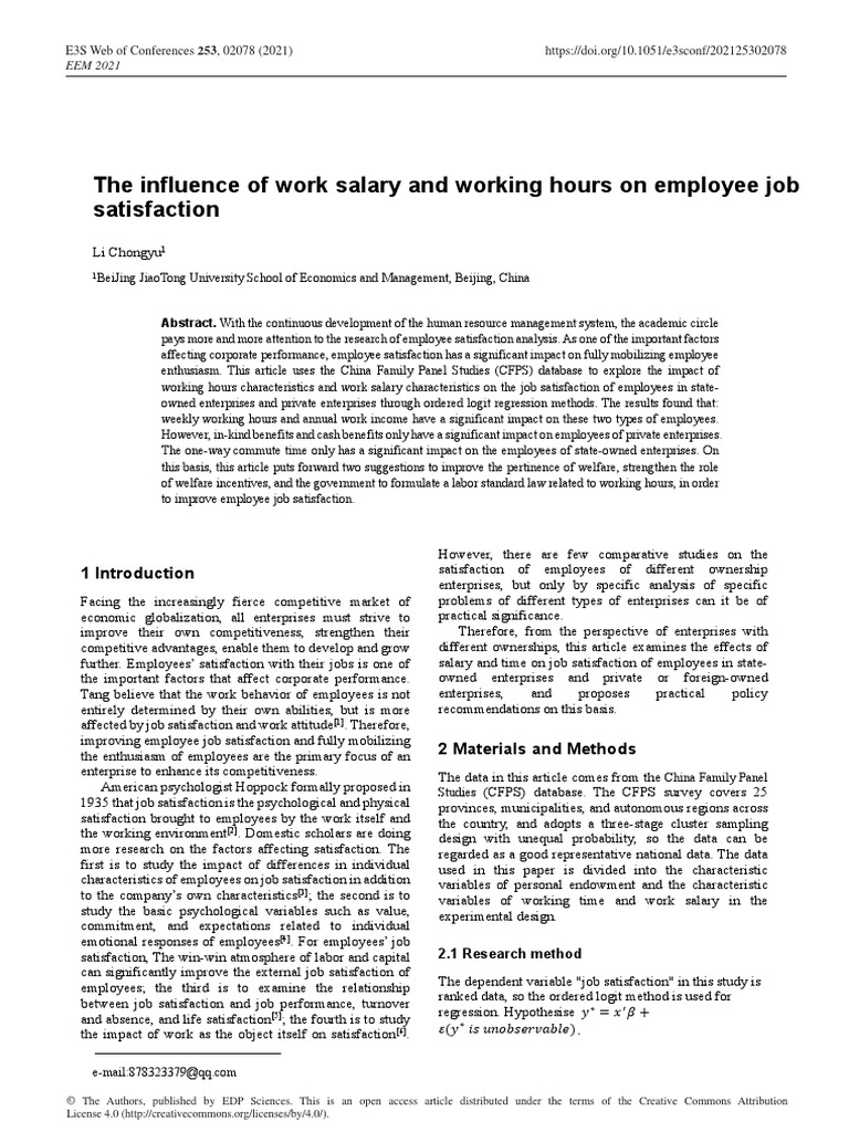 The Influence of Work Salary and Working Hours On Employee Job ...