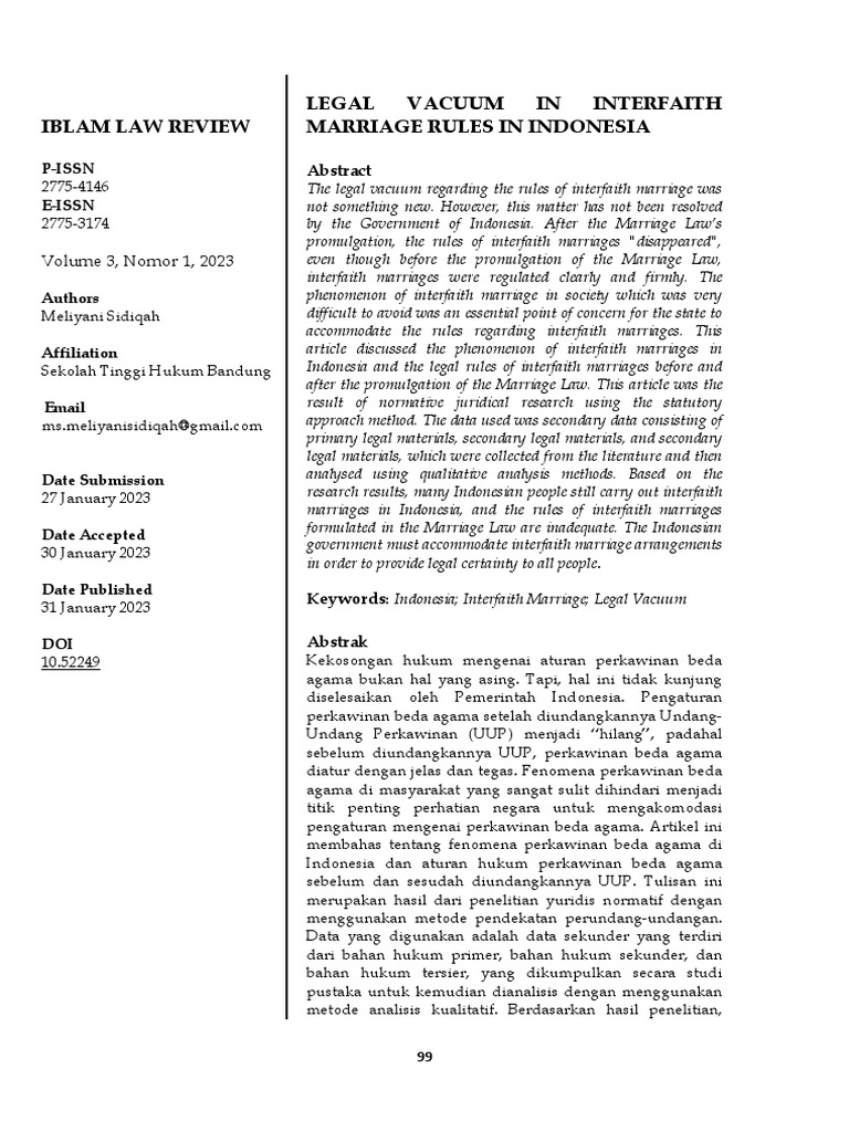 Legal Vacuum in Interfaith Marriage Rules in Indonesia | PDF
