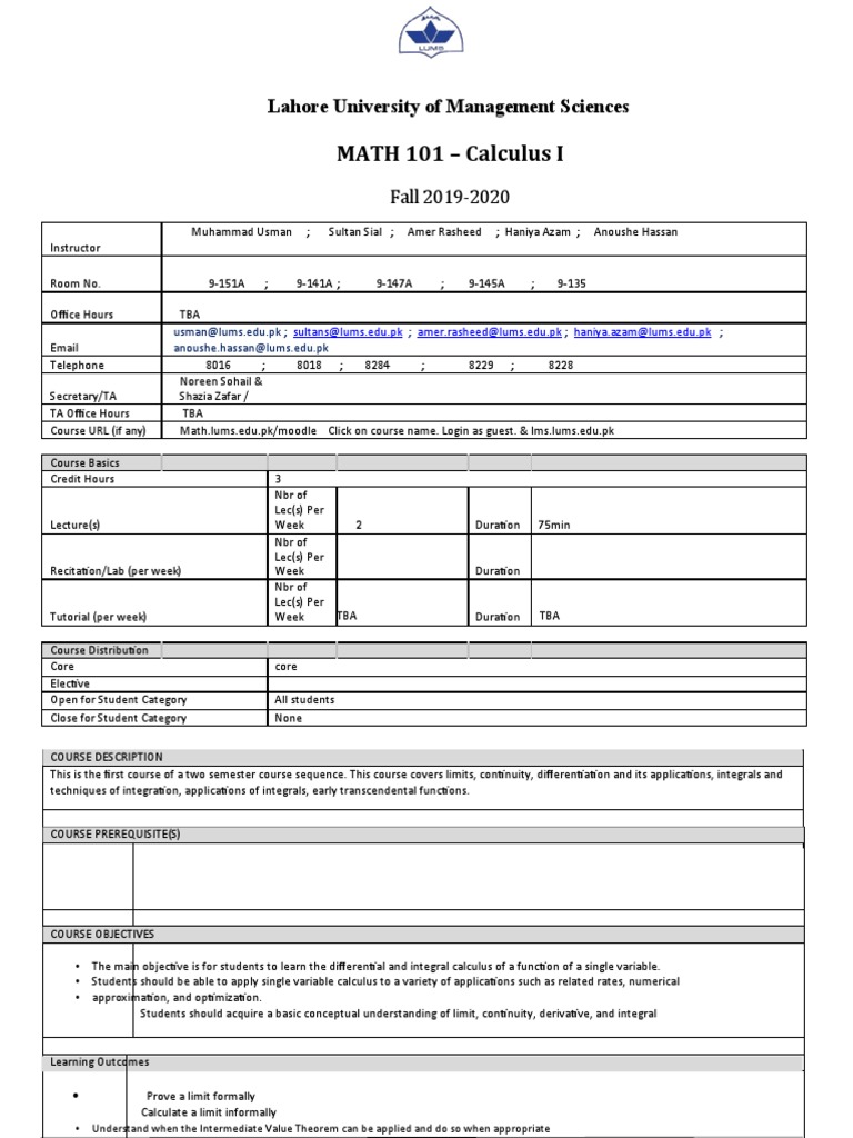 MATH+101+-+Calculus-I+ Course+outline+and+course+information | PDF ...