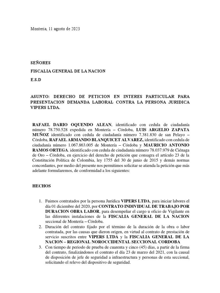 Derecho de Peticion Fiscalia General de La Nacion | PDF | Justicia ...
