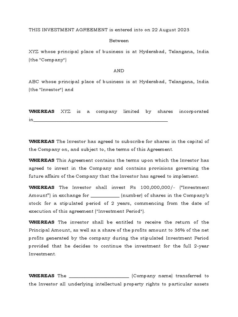 Investment Agreement - Sample | PDF | Finance & Money Management