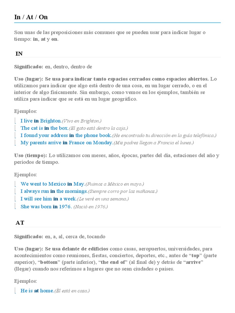 PREPOSITIONS OF PLACE AND TIME | PDF