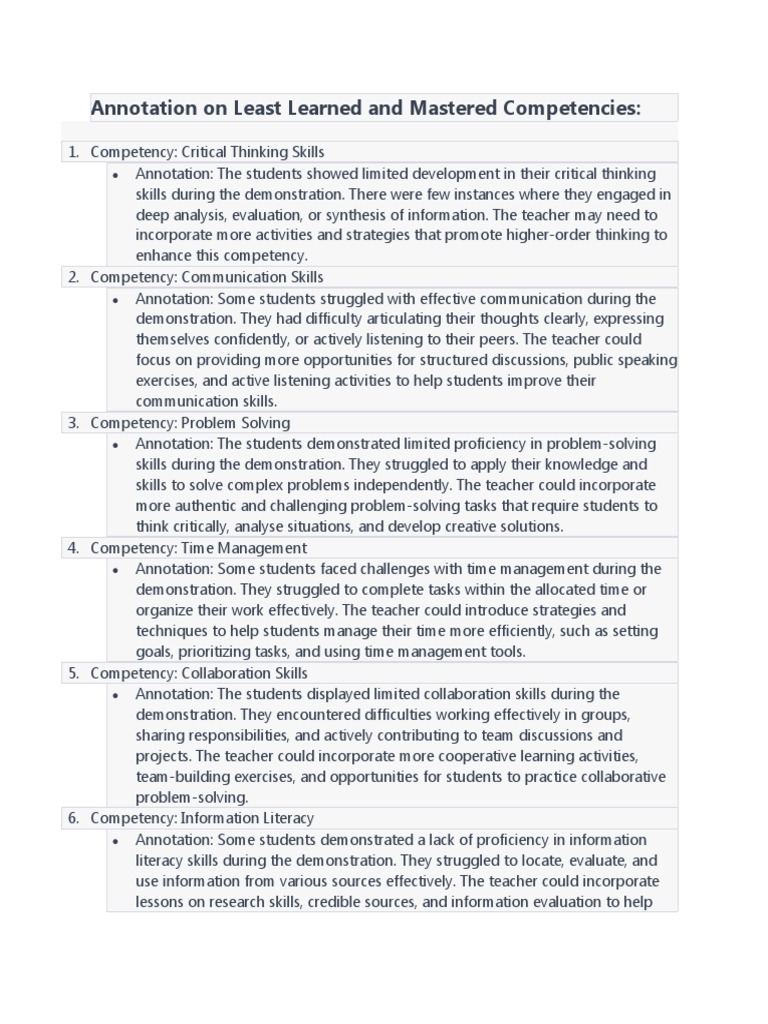 Least Mastered Competencies Analysis | PDF | Critical Thinking | Teachers