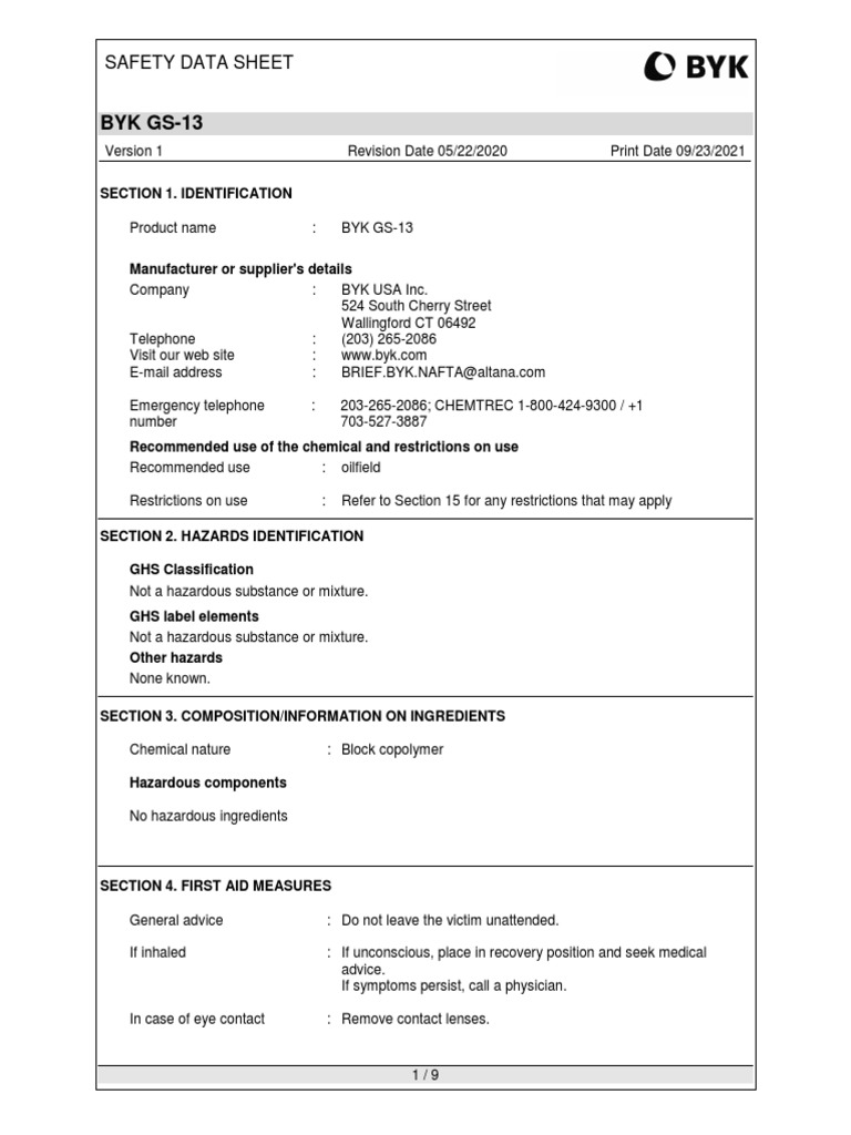 Sds Byk Gs13 Msds Us en PDF Personal Protective Equipment
