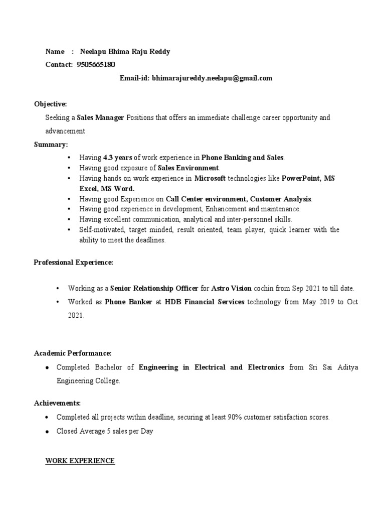 Bhima raju sales resume pdf call centre business