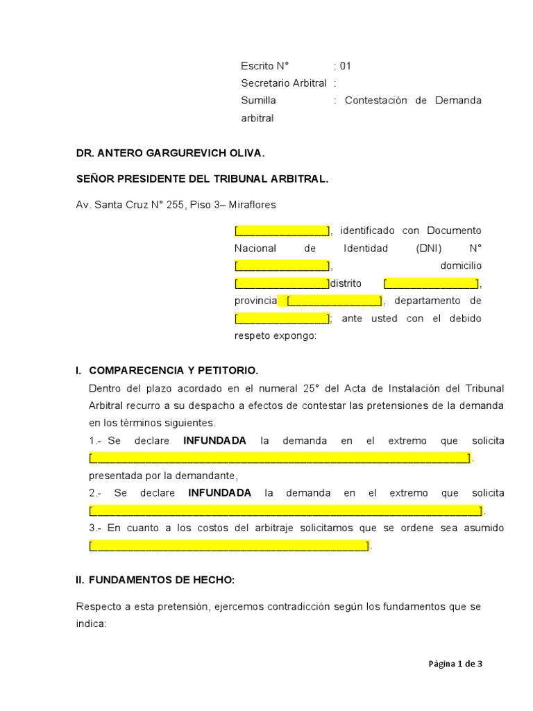Modelo de Contestación de Demanda Arbitral | PDF | Demanda judicial ...