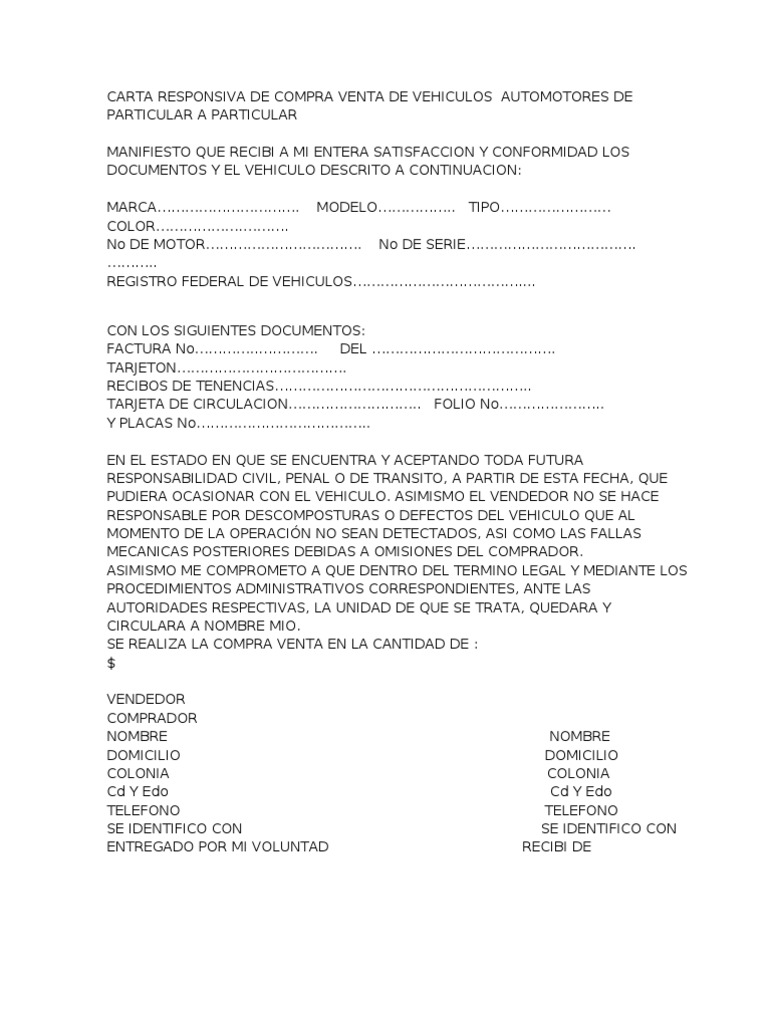 Carta Responsiva Compra Venta Automovil Pdf