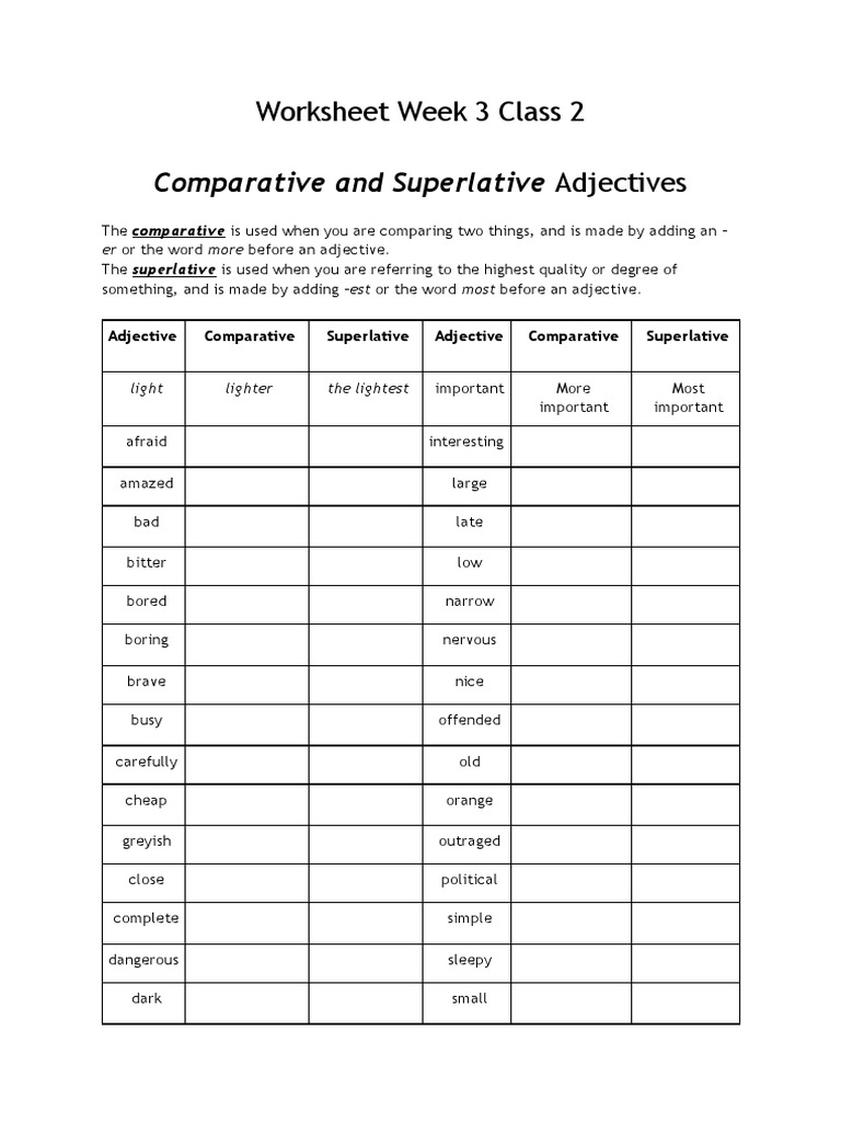 Worksheet Comparatives and Superlatives PDF Adjective