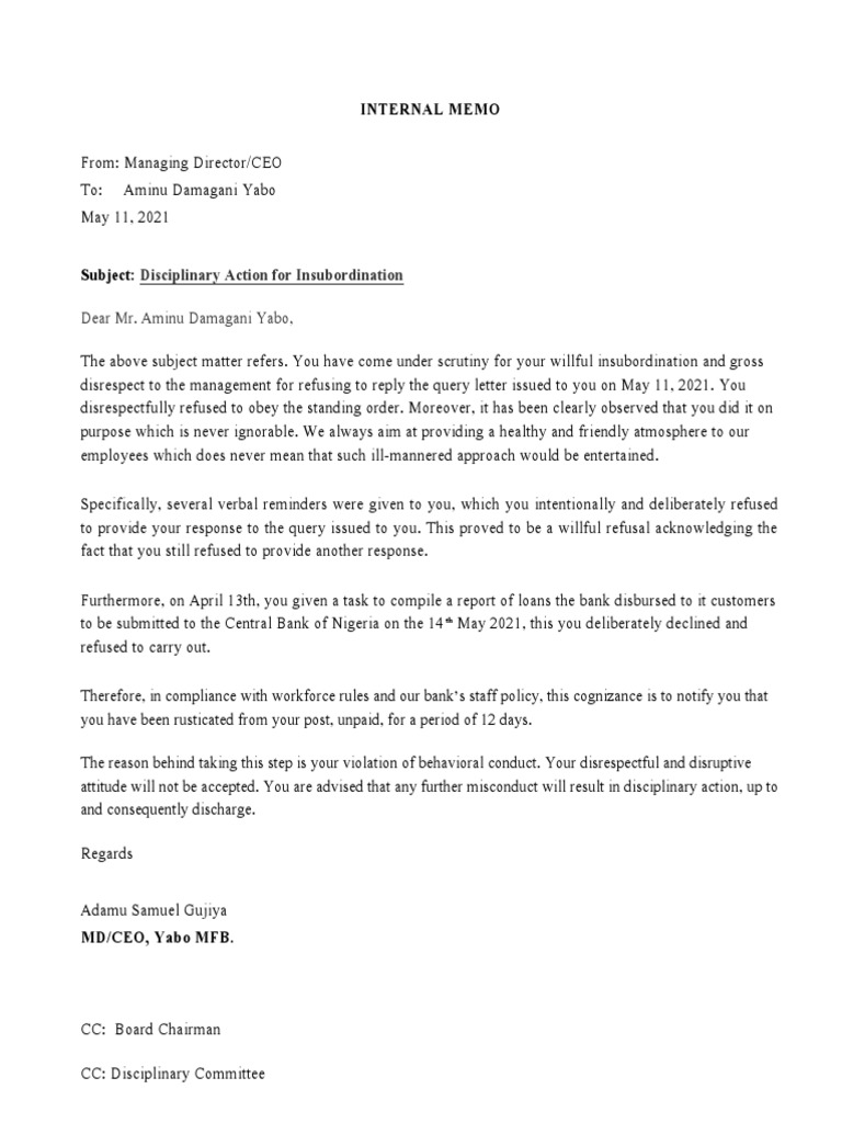Disciplinary Action for Insubordination | PDF
