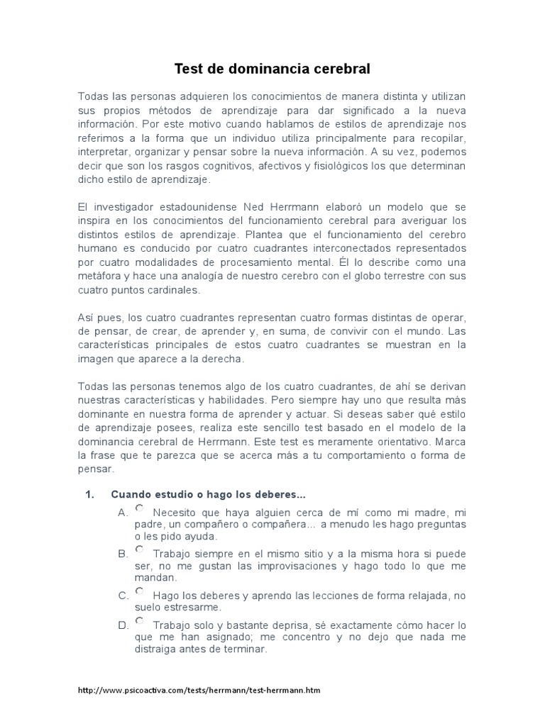 Sí Test de Dominancia Cerebral ALUMNOS | PDF