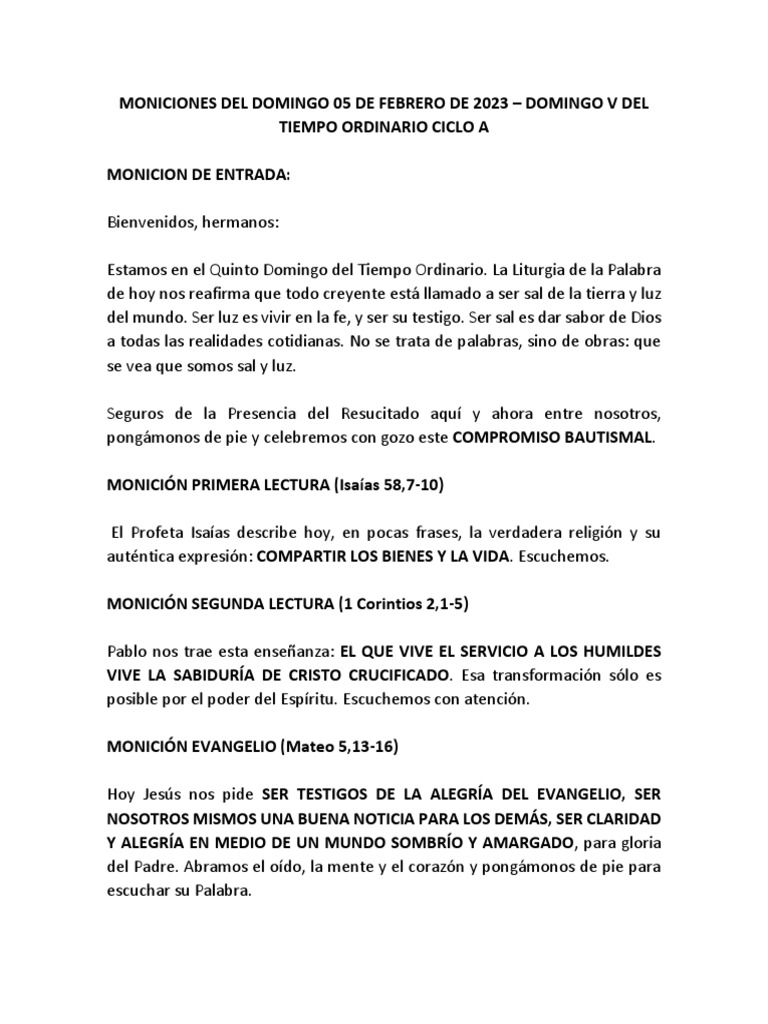 MONICIONES DEL DOMINGO 05 DE FEBRERO DE 2023 PDF