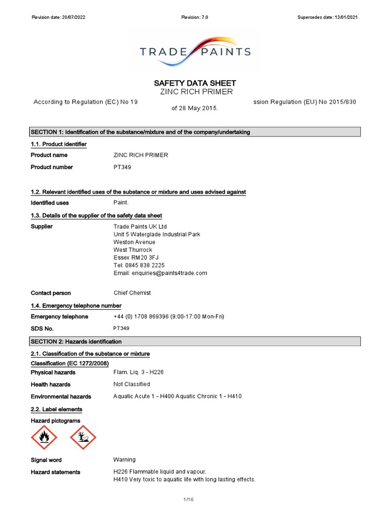 Zinc Rich Primer Msds PDF Labor Relations Occupational Safety And
